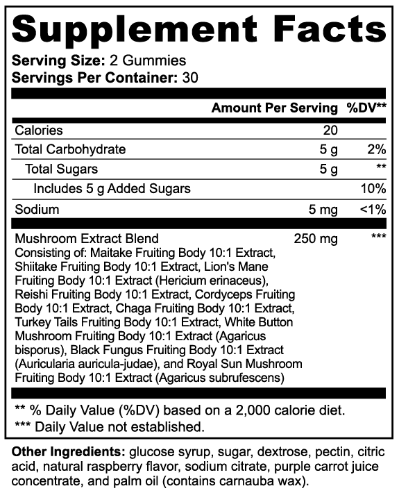 Mushroom Extract Complex Gummies – 10 Mushroom Blend | Cognition + Energy + Immunity | 60 Vegan Gummies